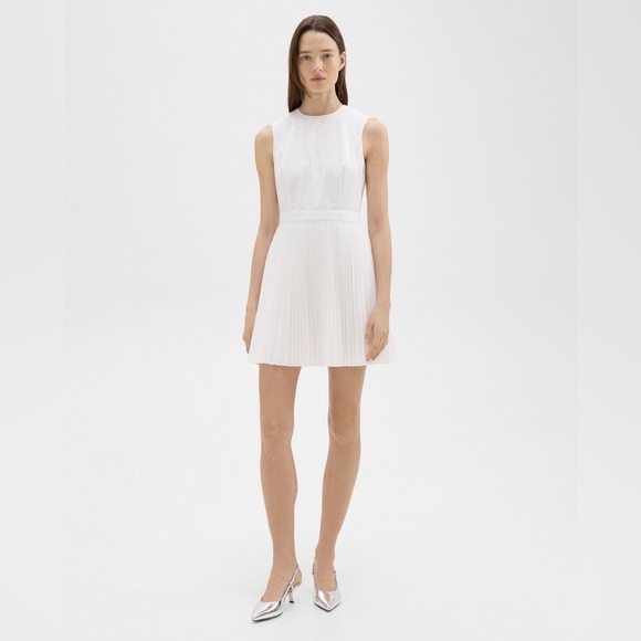 THEORY Pleated White Mini Dress in Sleek Poplin Sz 6 NEW - Picture 1 of 12